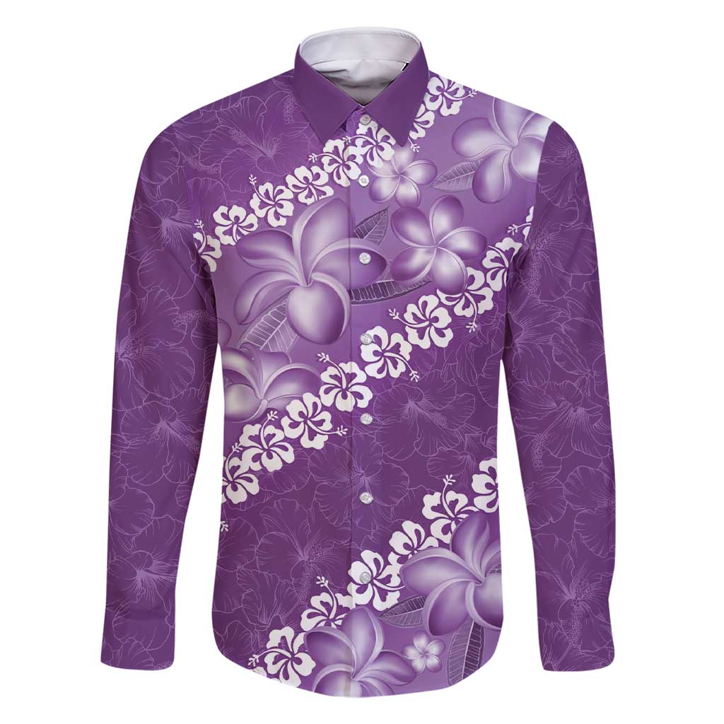 Vintage Purple Polynesia Family Matching Short Sleeve Bodycon Dress and Hawaiian Shirt Plumeria With Hibiscus Tropical Vibes LT14 Dad's Shirt - Long Sleeve Purple - Polynesian Pride