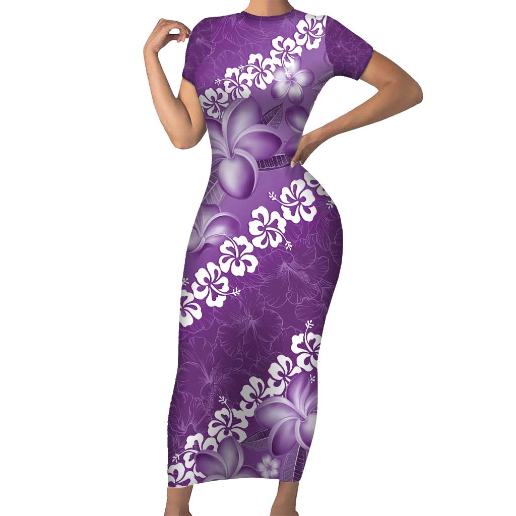 Vintage Purple Polynesia Family Matching Short Sleeve Bodycon Dress and Hawaiian Shirt Plumeria With Hibiscus Tropical Vibes LT14 Mom's Dress Purple - Polynesian Pride