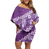 Vintage Purple Polynesia Off Shoulder Short Dress Plumeria With Hibiscus Tropical Vibes