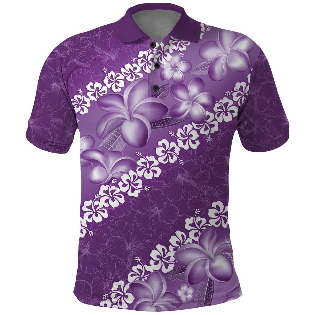 Vintage Purple Polynesia Polo Shirt Plumeria With Hibiscus Tropical Vibes