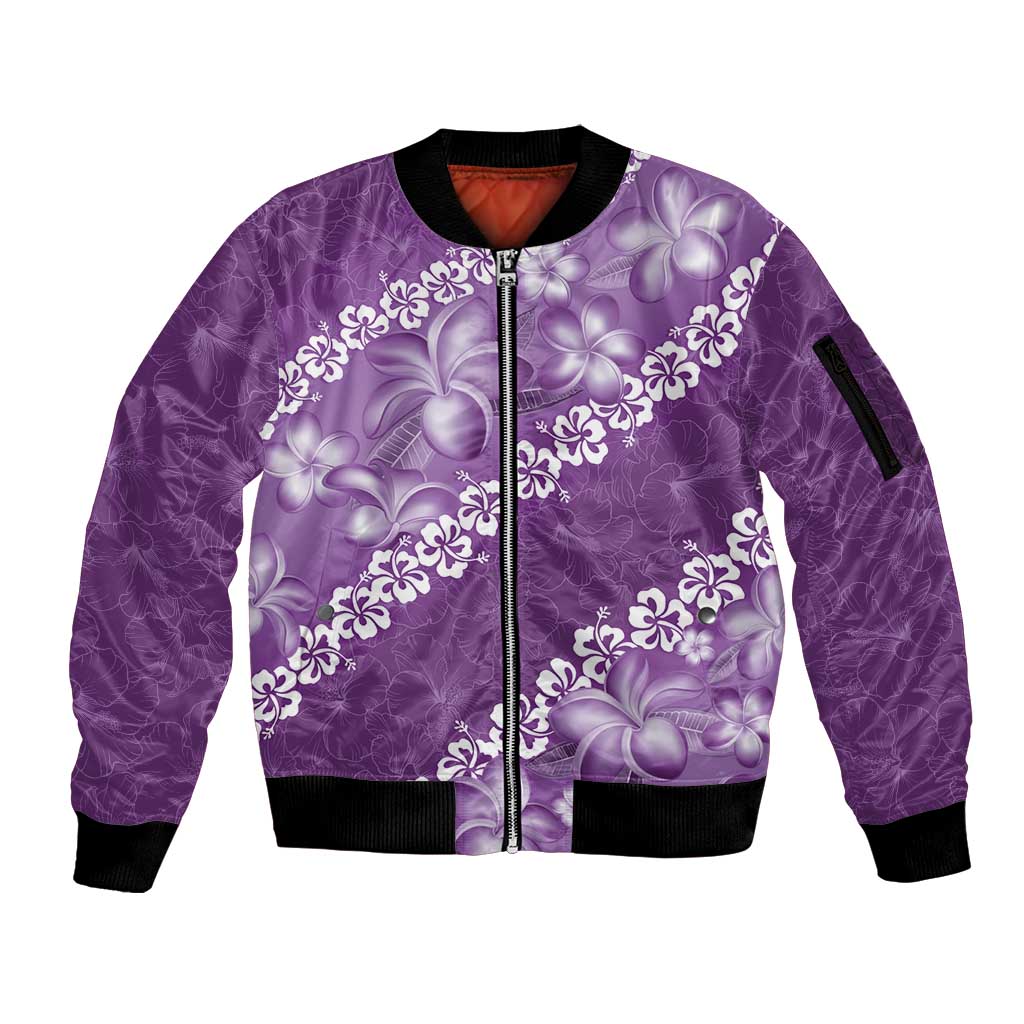 Vintage Purple Polynesia Sleeve Zip Bomber Jacket Plumeria With Hibiscus Tropical Vibes