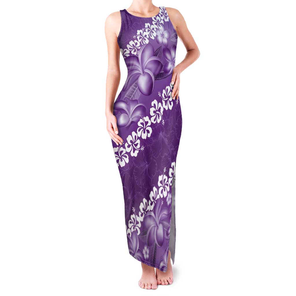Vintage Purple Polynesia Tank Maxi Dress Plumeria With Hibiscus Tropical Vibes