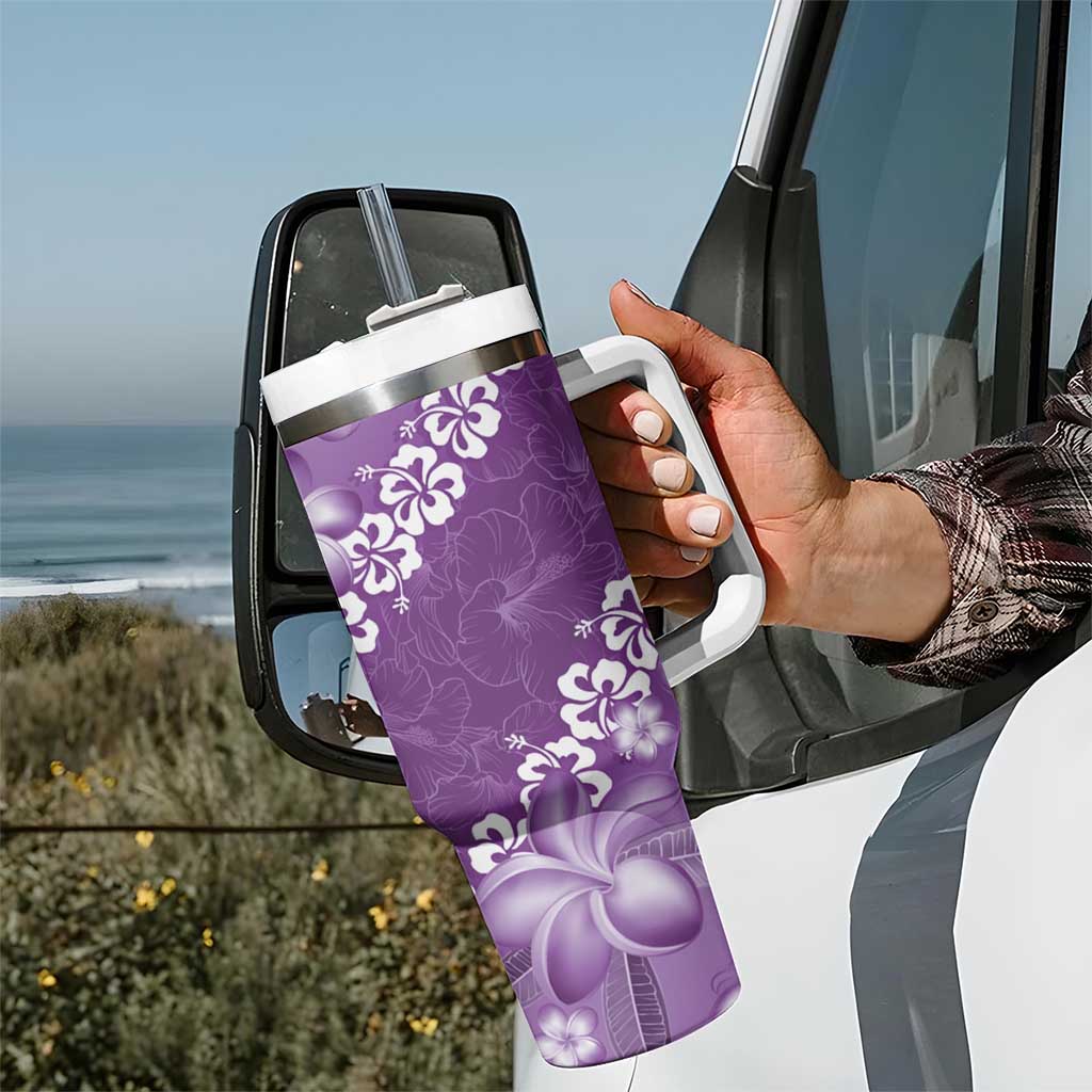 Vintage Purple Polynesia Tumbler With Handle Plumeria With Hibiscus Tropical Vibes