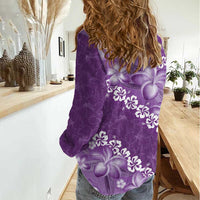Vintage Purple Polynesia Women Casual Shirt Plumeria With Hibiscus Tropical Vibes
