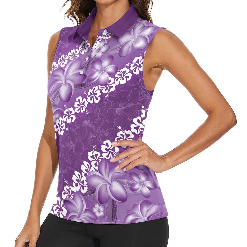 Vintage Purple Polynesia Women Sleeveless Polo Shirt Plumeria With Hibiscus Tropical Vibes