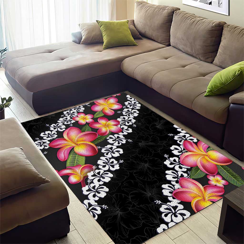 Black Polynesia Area Rug Plumeria With Hibiscus Pattern Tropical Vibes
