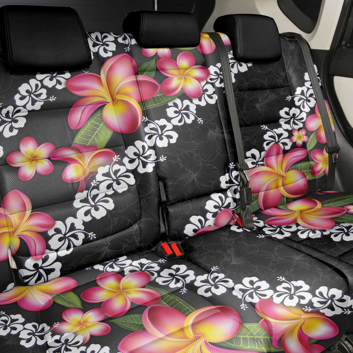 Black Polynesia Back Car Seat Cover Plumeria With Hibiscus Pattern Tropical Vibes