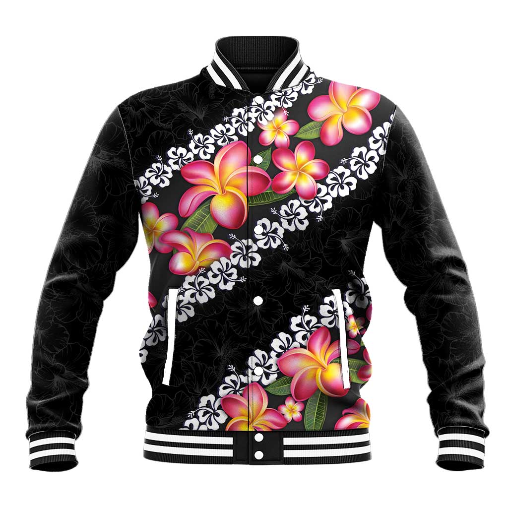 Black Polynesia Baseball Jacket Plumeria With Hibiscus Pattern Tropical Vibes