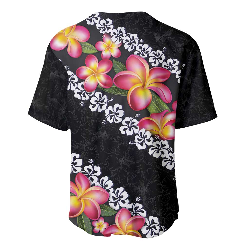Black Polynesia Baseball Jersey Plumeria With Hibiscus Pattern Tropical Vibes