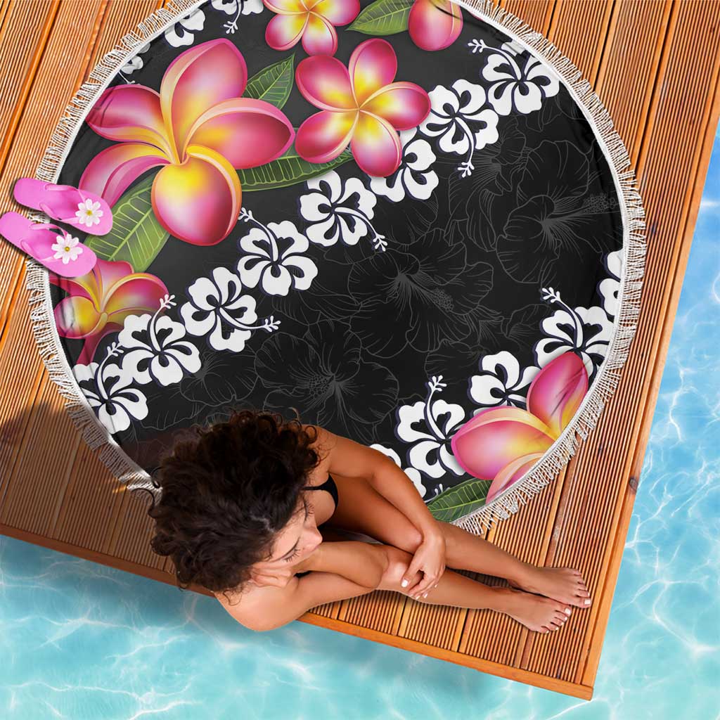 Black Polynesia Beach Blanket Plumeria With Hibiscus Pattern Tropical Vibes
