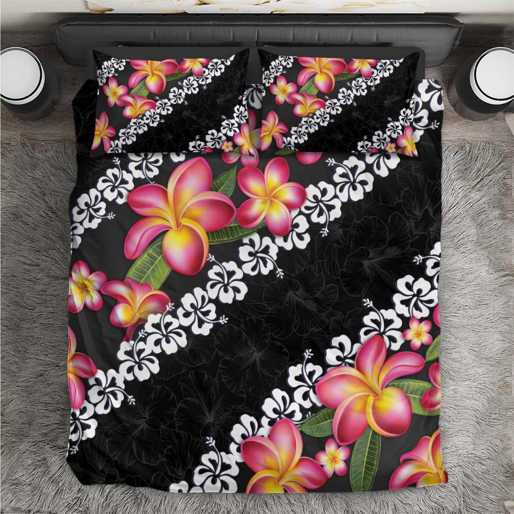 Black Polynesia Bedding Set Plumeria With Hibiscus Pattern Tropical Vibes