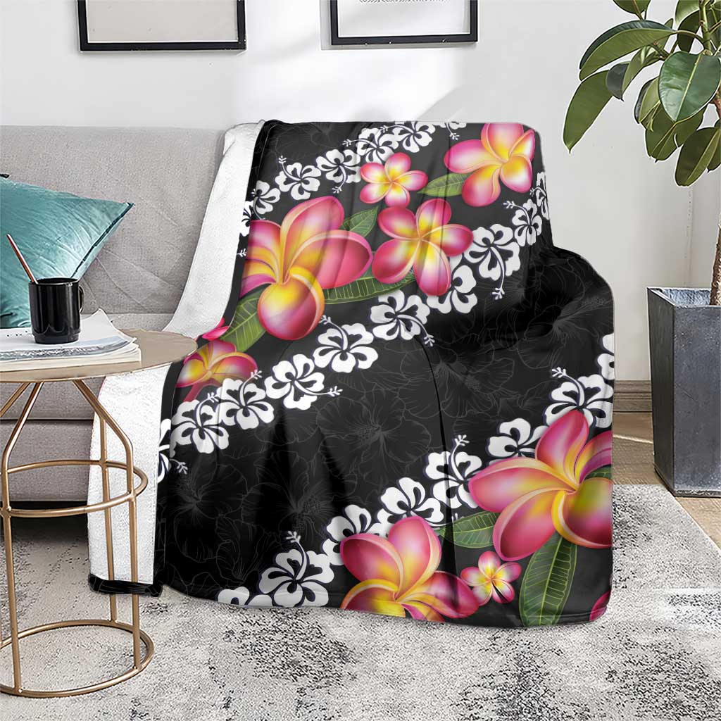 Black Polynesia Blanket Plumeria With Hibiscus Pattern Tropical Vibes
