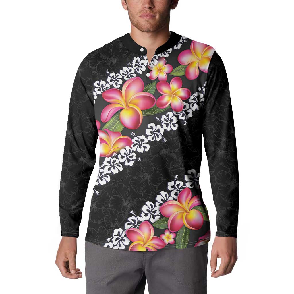 Black Polynesia Button Sweatshirt Plumeria With Hibiscus Pattern Tropical Vibes