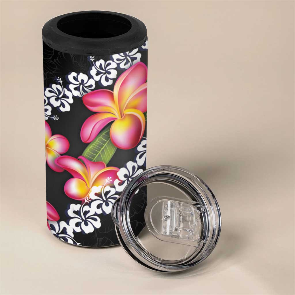 Black Polynesia 4 in 1 Can Cooler Tumbler Plumeria With Hibiscus Pattern Tropical Vibes