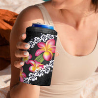 Black Polynesia 4 in 1 Can Cooler Tumbler Plumeria With Hibiscus Pattern Tropical Vibes