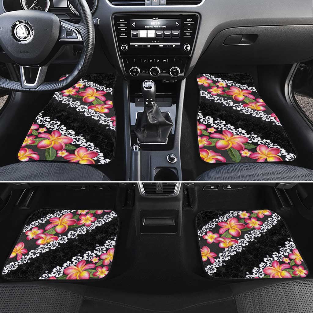 Black Polynesia Car Mats Plumeria With Hibiscus Pattern Tropical Vibes