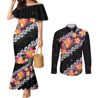 Black Polynesia Couples Matching Mermaid Dress and Long Sleeve Button Shirt Plumeria With Hibiscus Pattern Tropical Vibes
