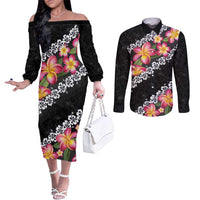 Black Polynesia Couples Matching Off The Shoulder Long Sleeve Dress and Long Sleeve Button Shirt Plumeria With Hibiscus Pattern Tropical Vibes