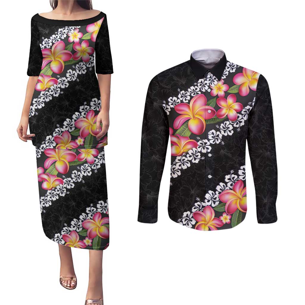 Black Polynesia Couples Matching Puletasi and Long Sleeve Button Shirt Plumeria With Hibiscus Pattern Tropical Vibes