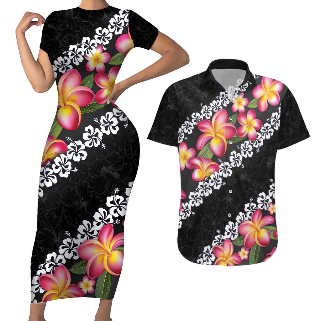 Black Polynesia Couples Matching Short Sleeve Bodycon Dress and Hawaiian Shirt Plumeria With Hibiscus Pattern Tropical Vibes