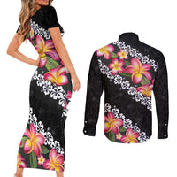 Black Polynesia Couples Matching Short Sleeve Bodycon Dress and Long Sleeve Button Shirt Plumeria With Hibiscus Pattern Tropical Vibes