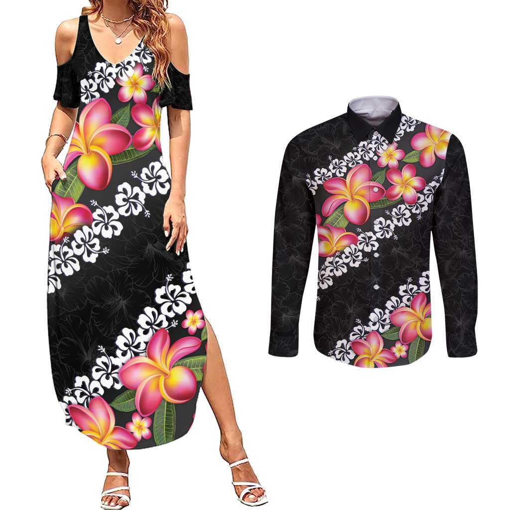 Black Polynesia Couples Matching Summer Maxi Dress and Long Sleeve Button Shirt Plumeria With Hibiscus Pattern Tropical Vibes LT14 Black - Polynesian Pride
