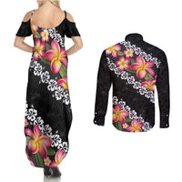 Black Polynesia Couples Matching Summer Maxi Dress and Long Sleeve Button Shirt Plumeria With Hibiscus Pattern Tropical Vibes LT14 - Polynesian Pride