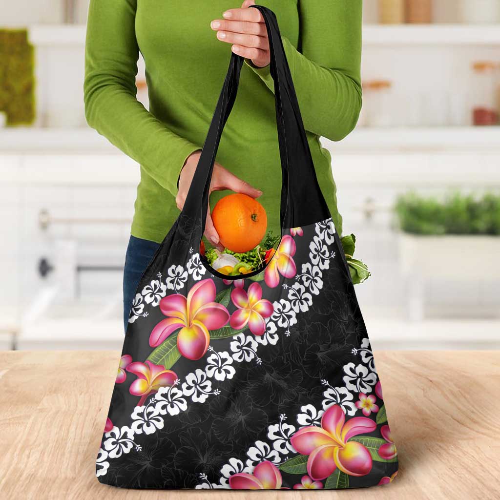 Black Polynesia Grocery Bag Plumeria With Hibiscus Pattern Tropical Vibes