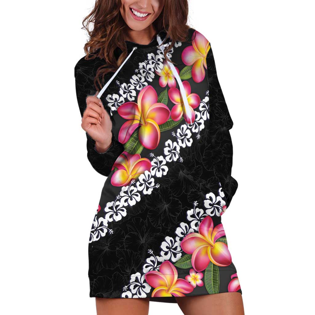 Black Polynesia Hoodie Dress Plumeria With Hibiscus Pattern Tropical Vibes