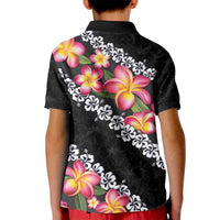 Black Polynesia Kid Polo Shirt Plumeria With Hibiscus Pattern Tropical Vibes