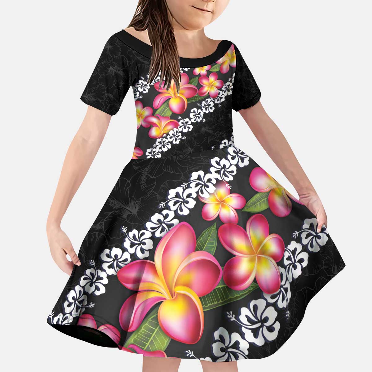 Black Polynesia Kid Short Sleeve Dress Plumeria With Hibiscus Pattern Tropical Vibes