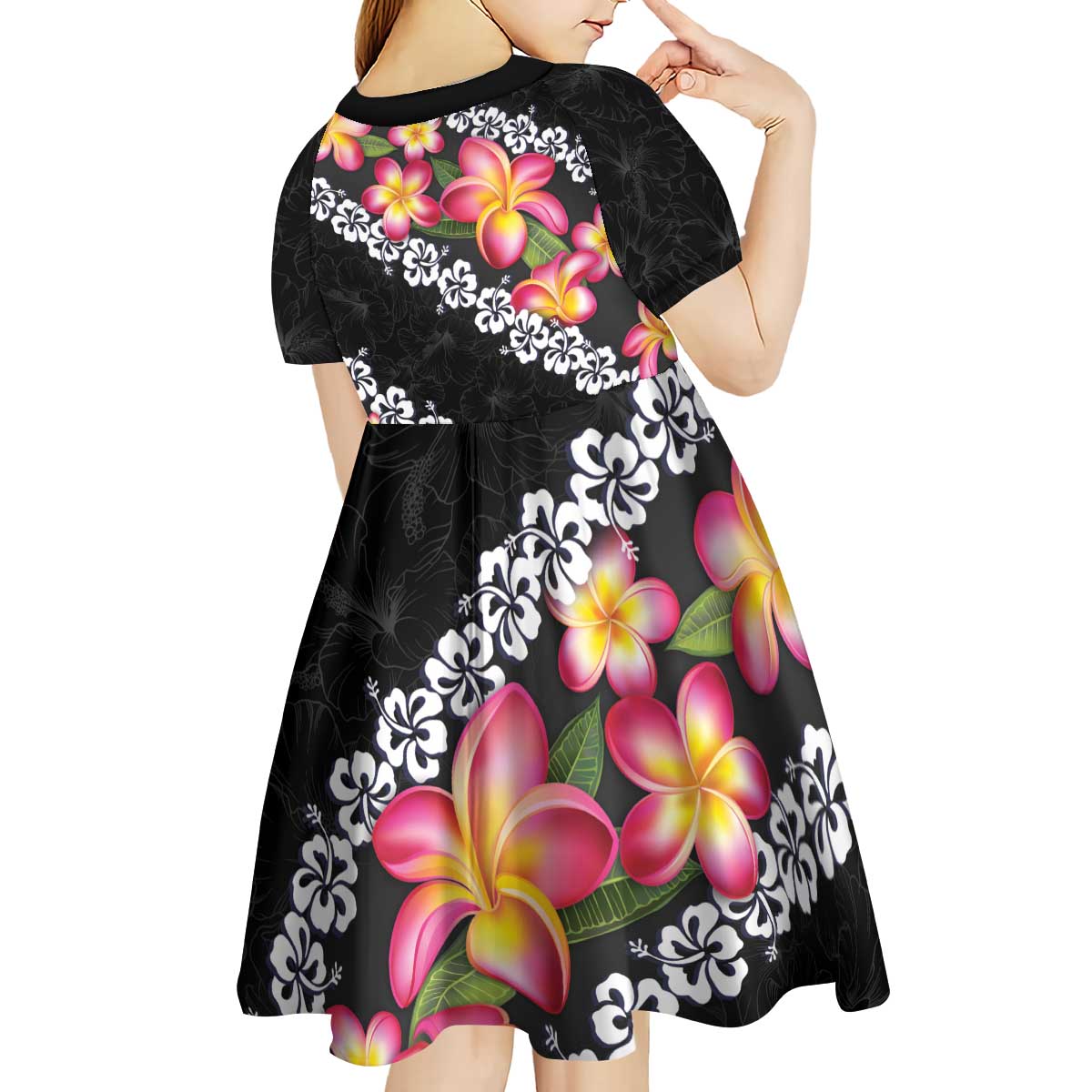 Black Polynesia Kid Short Sleeve Dress Plumeria With Hibiscus Pattern Tropical Vibes