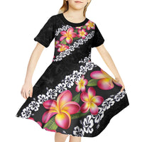 Black Polynesia Kid Short Sleeve Dress Plumeria With Hibiscus Pattern Tropical Vibes