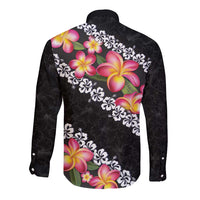 Black Polynesia Long Sleeve Button Shirt Plumeria With Hibiscus Pattern Tropical Vibes