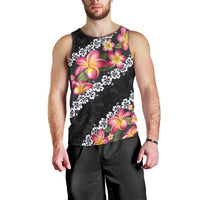Black Polynesia Men Tank Top Plumeria With Hibiscus Pattern Tropical Vibes