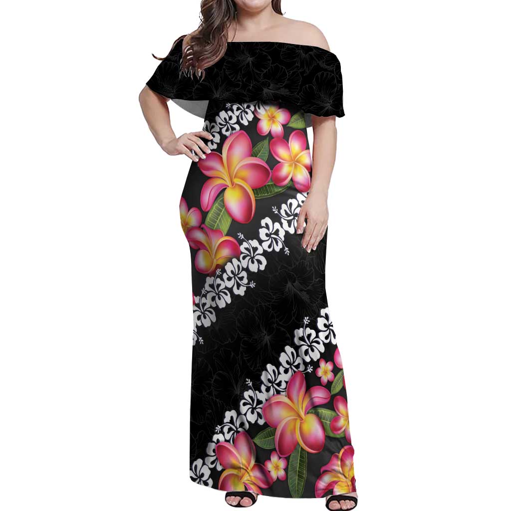 Black Polynesia Off Shoulder Maxi Dress Plumeria With Hibiscus Pattern Tropical Vibes