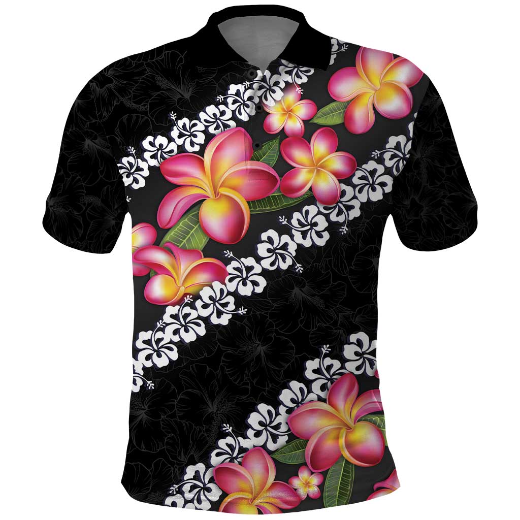 Black Polynesia Polo Shirt Plumeria With Hibiscus Pattern Tropical Vibes