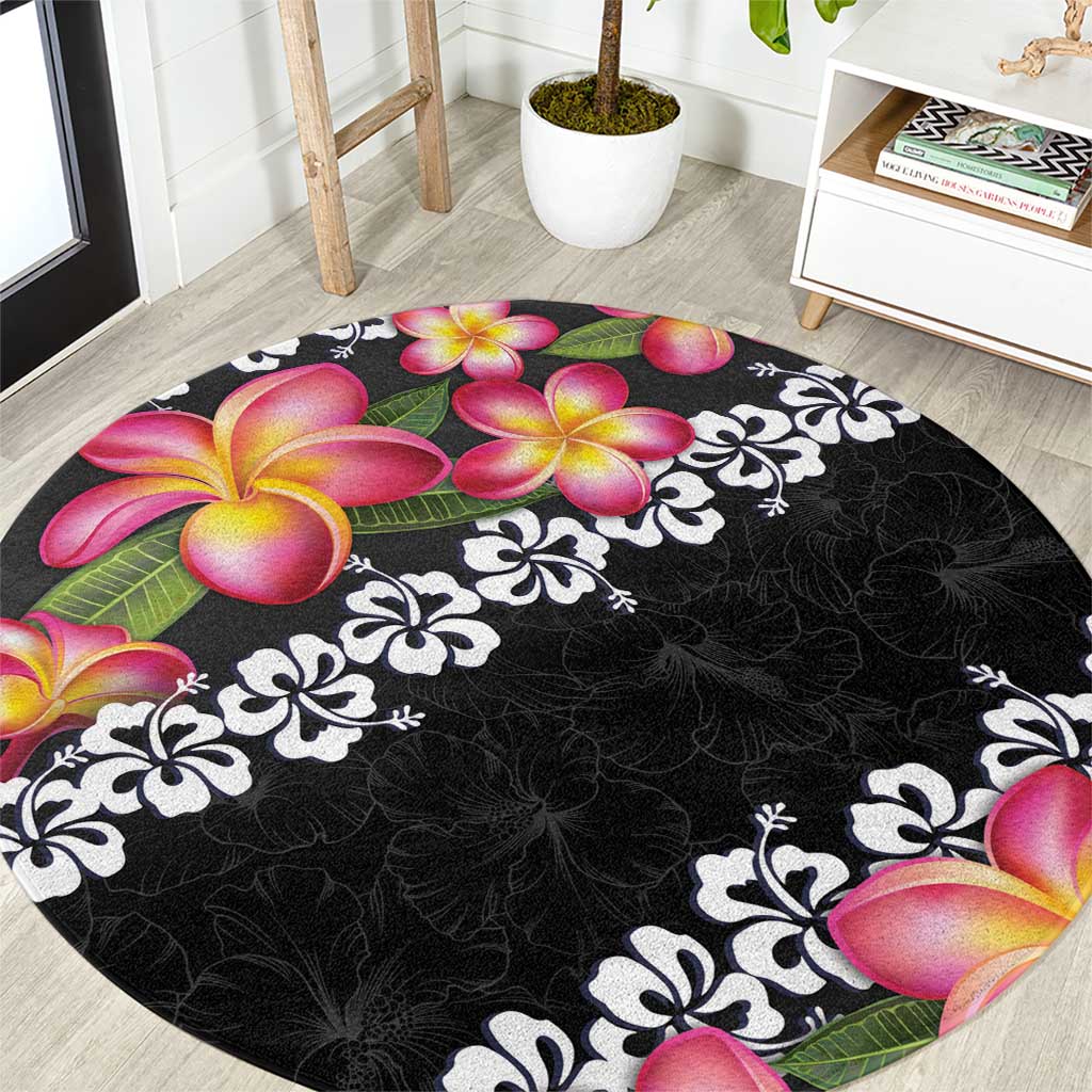 Black Polynesia Round Carpet Plumeria With Hibiscus Pattern Tropical Vibes LT14 Black - Polynesian Pride