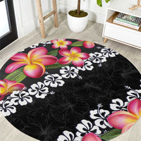 Black Polynesia Round Carpet Plumeria With Hibiscus Pattern Tropical Vibes LT14 Black - Polynesian Pride
