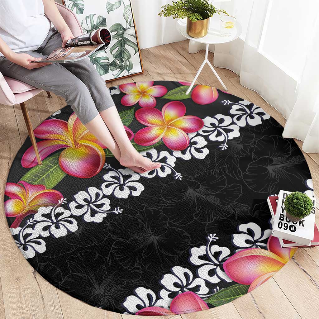 Black Polynesia Round Carpet Plumeria With Hibiscus Pattern Tropical Vibes LT14 - Polynesian Pride