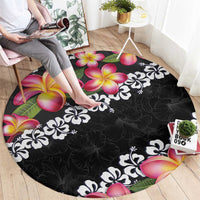 Black Polynesia Round Carpet Plumeria With Hibiscus Pattern Tropical Vibes LT14 - Polynesian Pride