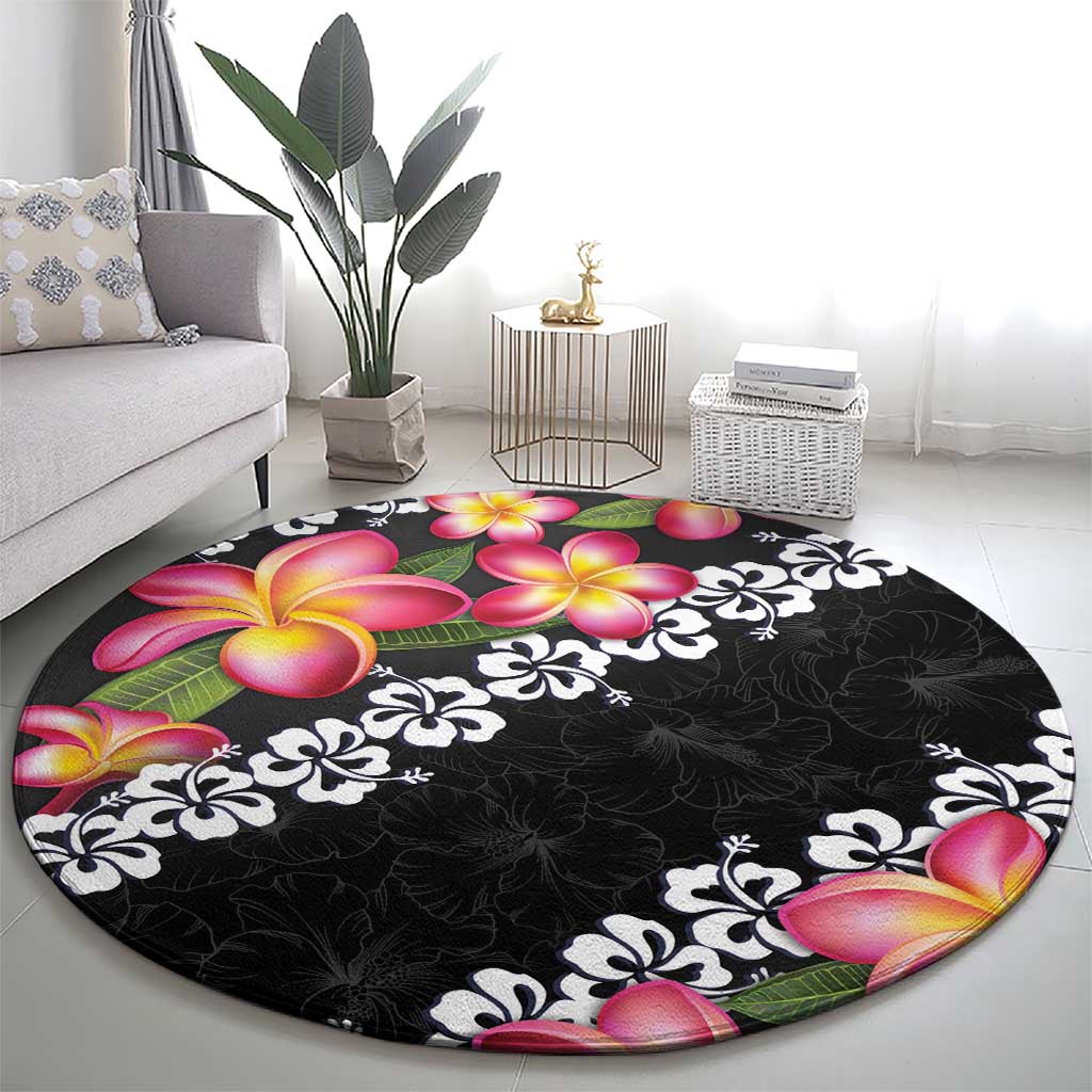 Black Polynesia Round Carpet Plumeria With Hibiscus Pattern Tropical Vibes LT14 - Polynesian Pride