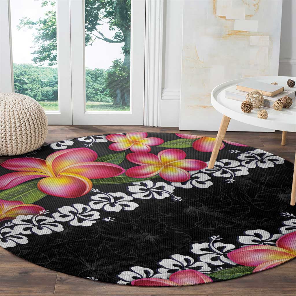 Black Polynesia Round Carpet Plumeria With Hibiscus Pattern Tropical Vibes LT14 - Polynesian Pride