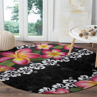 Black Polynesia Round Carpet Plumeria With Hibiscus Pattern Tropical Vibes LT14 - Polynesian Pride