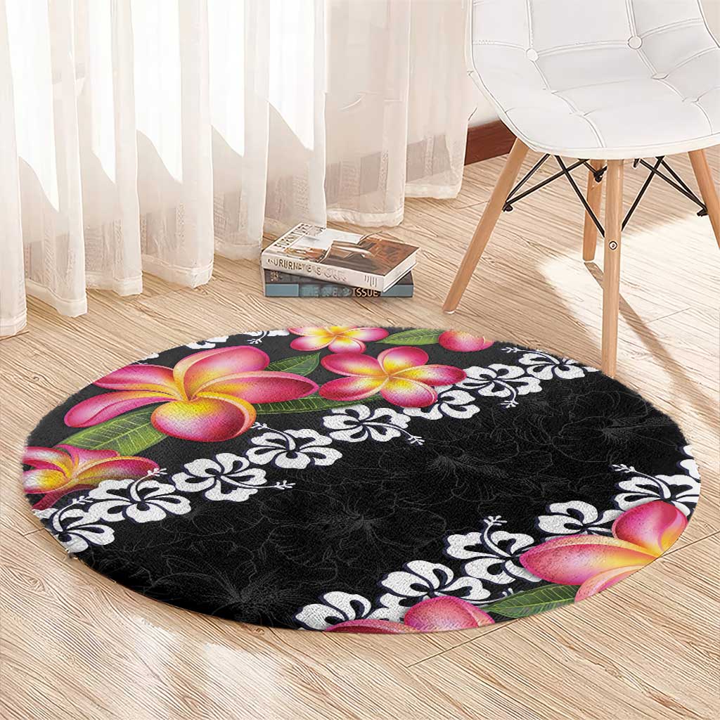 Black Polynesia Round Carpet Plumeria With Hibiscus Pattern Tropical Vibes LT14 - Polynesian Pride