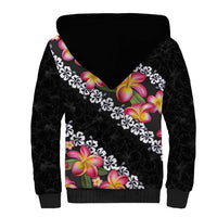 Black Polynesia Sherpa Hoodie Plumeria With Hibiscus Pattern Tropical Vibes