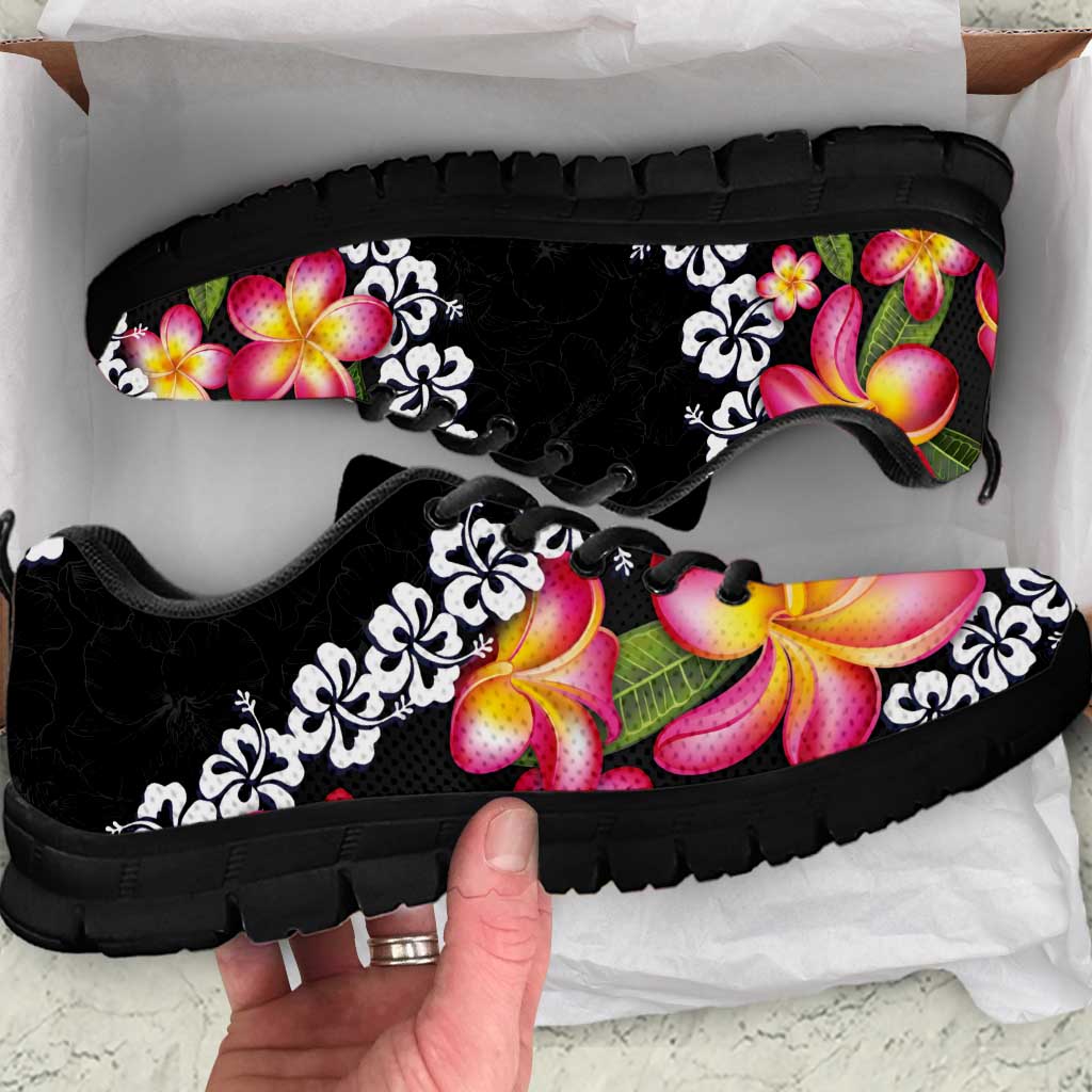 Black Polynesia Sneakers Plumeria With Hibiscus Pattern Tropical Vibes