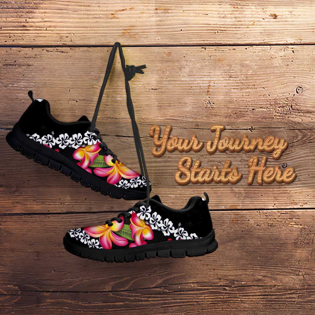 Black Polynesia Sneakers Plumeria With Hibiscus Pattern Tropical Vibes