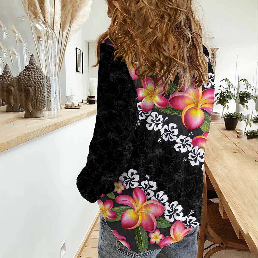 Black Polynesia Women Casual Shirt Plumeria With Hibiscus Pattern Tropical Vibes
