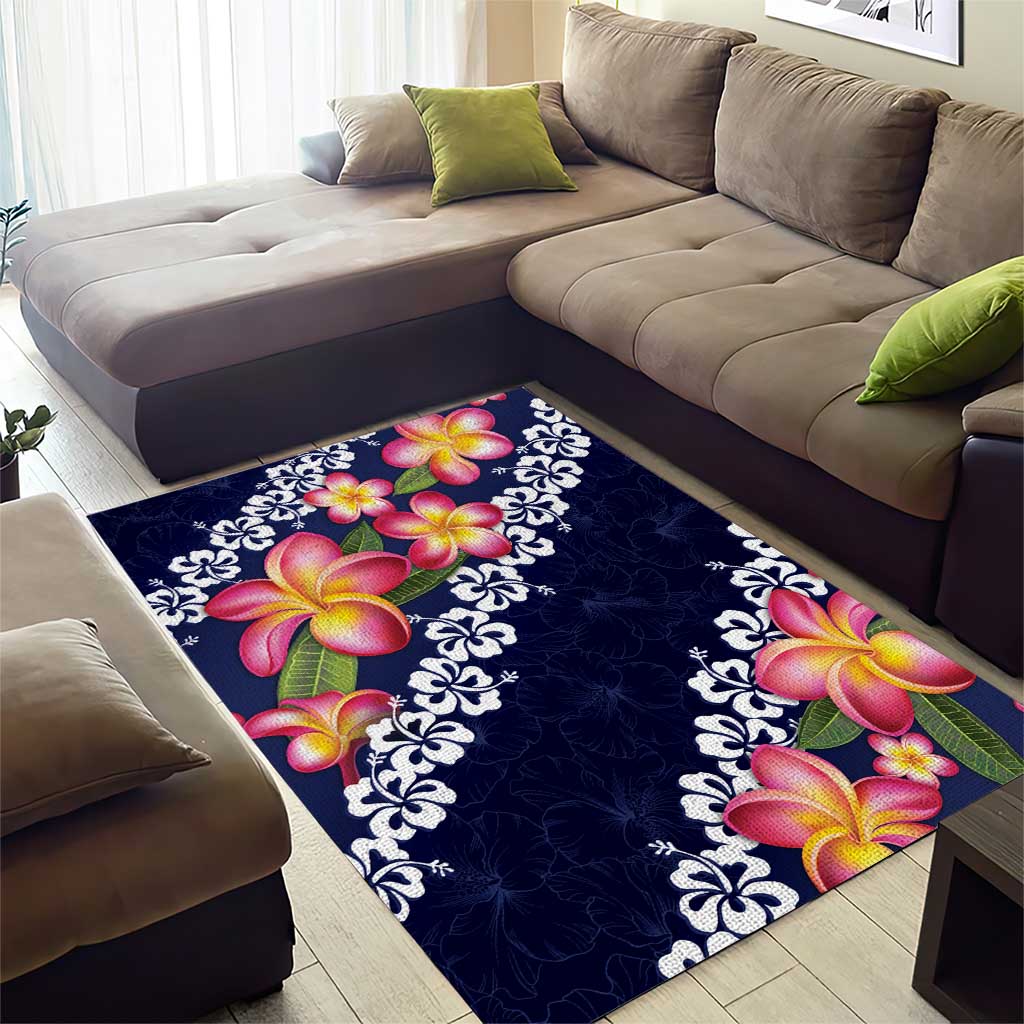 Blue Polynesia Area Rug Plumeria With Hibiscus Pattern Tropical Vibes